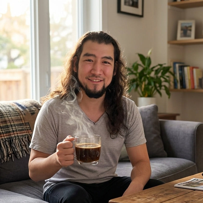 Jonathan, founder of Porchlight Coffee, smiling at home with a steaming cup of freshly roasted coffee — small batch coffee delivered to your door